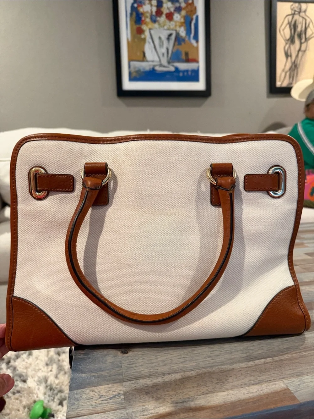 Michael Kors White Canvas Satchel with Navy Center Stripe and Brown Leather Trim